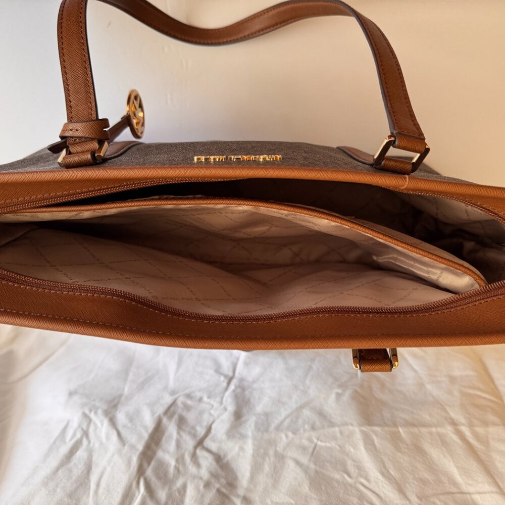 Michael Kors Sady Large Logo Canvas Top-Zip Laptop Travel Tote Brown - Picture 7 of 11